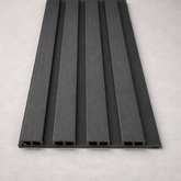 Grey composite slat wall panel used for modern outdoor fence and wall cladding.