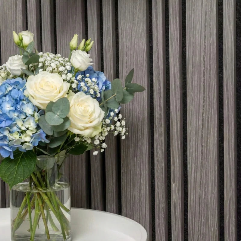 Light grey decorative slatted acoustic wall panels UK

