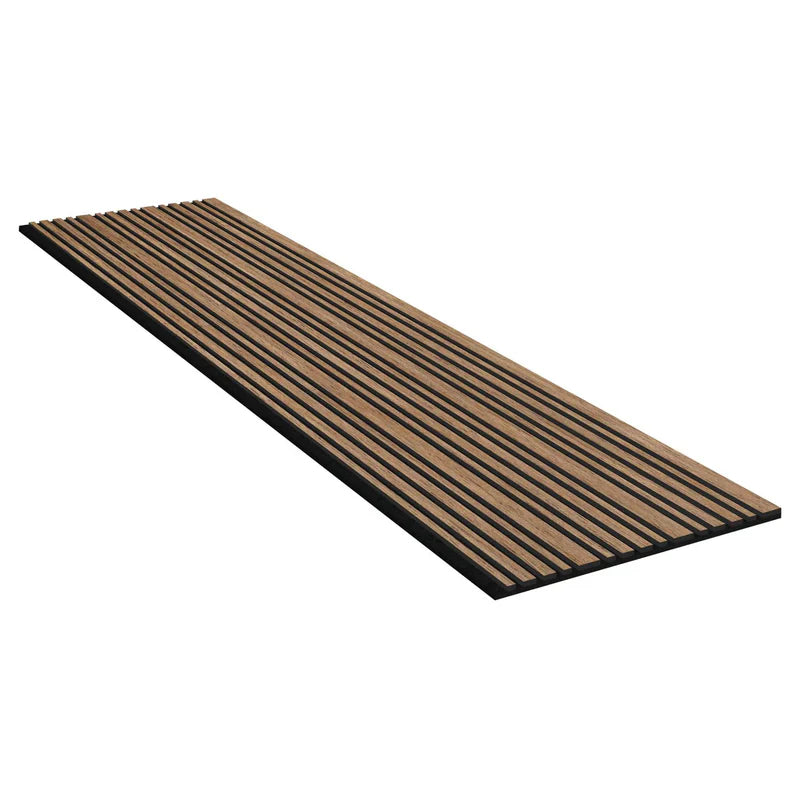 Walnut acoustic wall panel close up multi-width design UK

