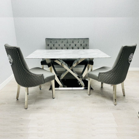 California Grey Marble Dining Table with Majestic Grey Chairs