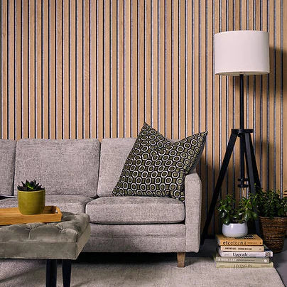 Modern wide slat oak acoustic wall panel interior UK

