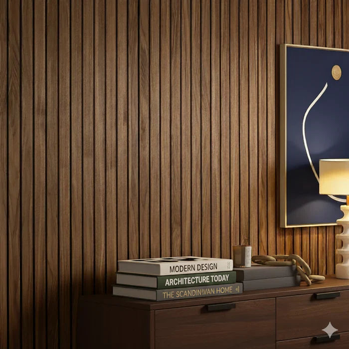 Walnut wide slat wood veneer acoustic feature wall panel UK décor

