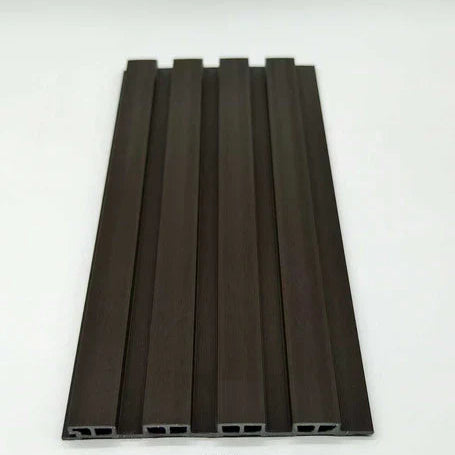 Modern outdoor privacy wall made with dark brown  composite slat panels.

