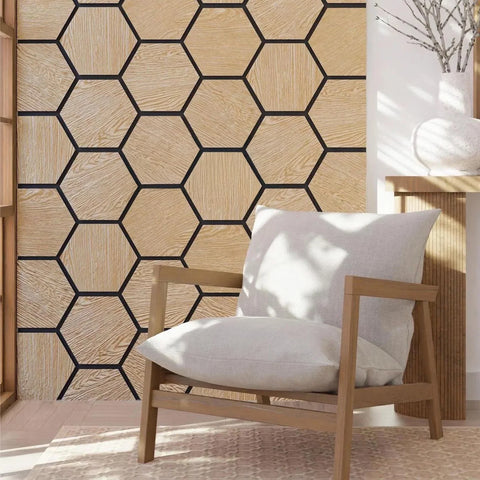 Sound absorbing oak hexagon acoustic panels feature wall UK

