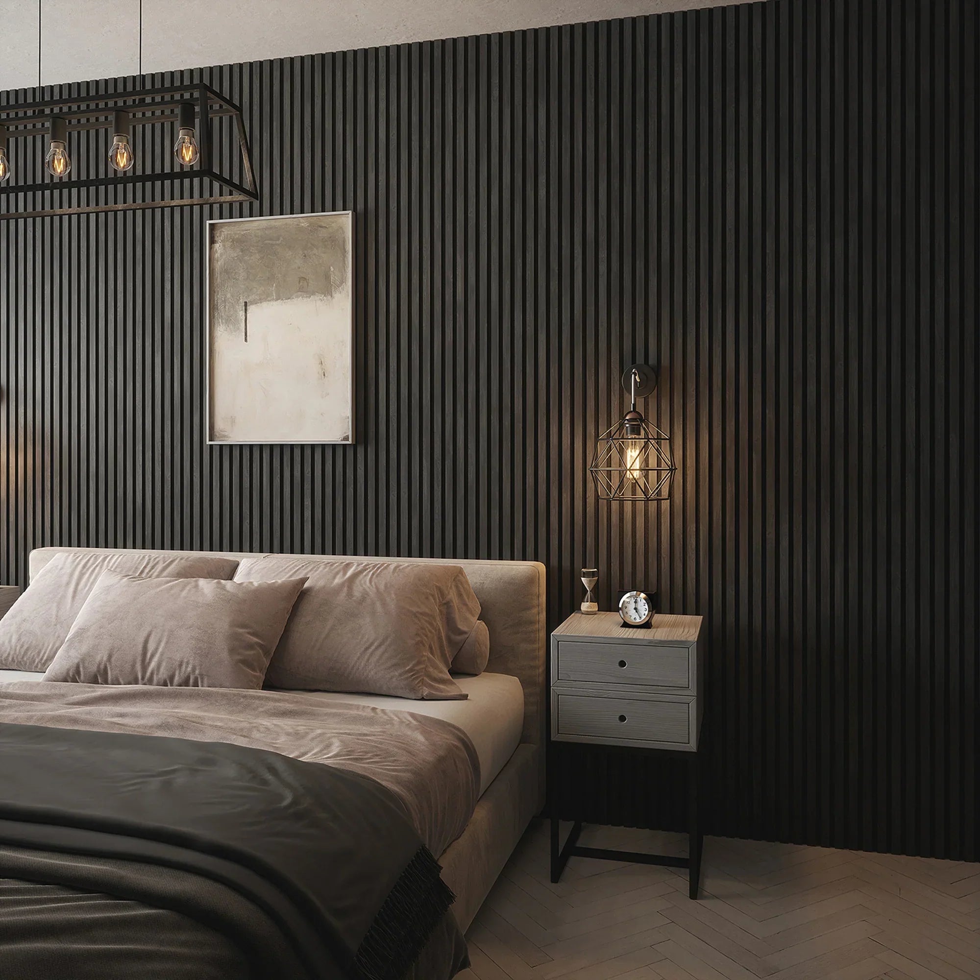 Acoustic wood slat wall panel charcoal finish for feature wall UK

