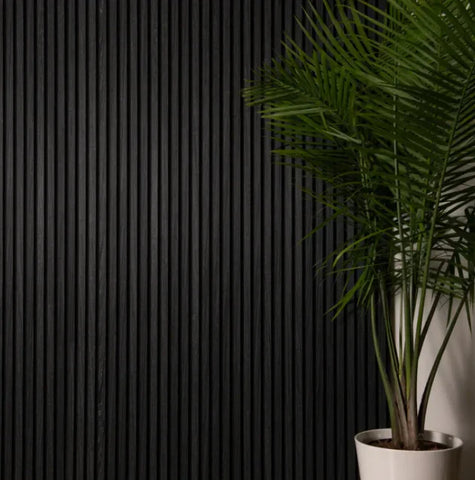 Charcoal wood acoustic slatted panel easy install Prime Furnishing UK

