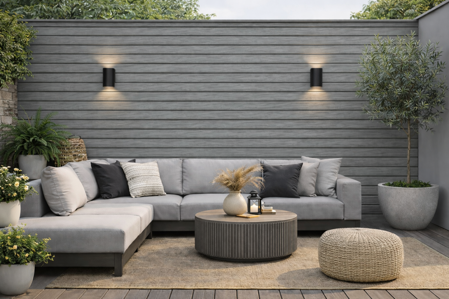 Modern grey composite wall cladding panels installed on outdoor garden wall