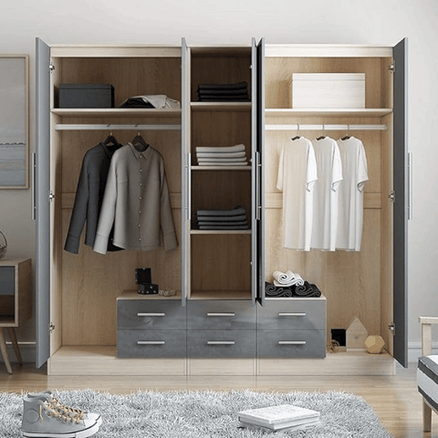 GREY Gloss Large Wardrobe - 5 Door 6 Drawers & Mirrors SOLID FURNITURE
