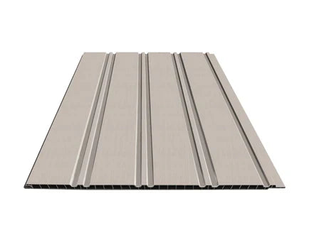 Light grey WPC seamless wall panels with premium wood-effect finish for modern UK interior feature walls