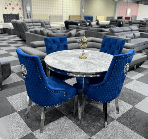 Louis Grey Round Marble Dining Table With Navy Majestic Dining Chairs