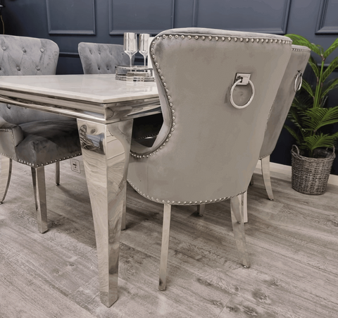 Louis White Marble Table And Megan Light Grey Velvet Dining Chairs