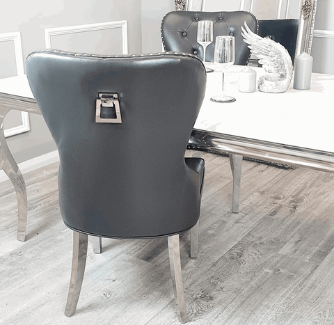 Pair of Mayfair Dark Grey PU Leather Dining Chair With Square Knocker Solid Furniture UK