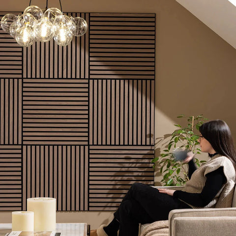 Square wood acoustic wall panels modern interior UK

