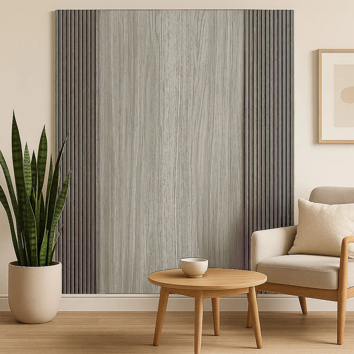 Ash grey wood-effect WPC wave wall panels with decorative curved design and seamless interlocking installation.

