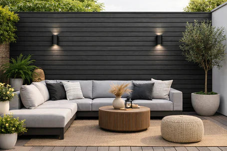 Weatherproof black WPC wall panels for outdoor garden wall installation

