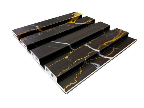 Black and gold marble effect slatted WPC wall panels modern interior feature wall

