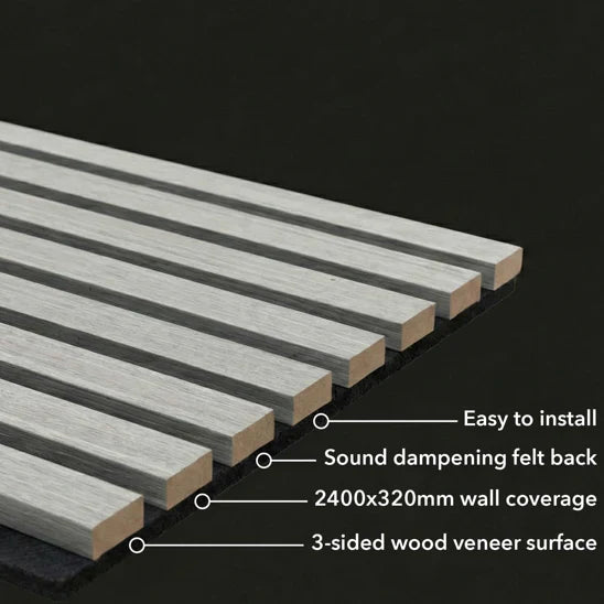 Grey oak acoustic slatted wall panel easy install Prime Furnishing UK

