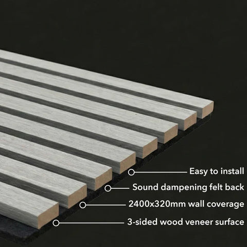 Grey oak acoustic slatted wall panel easy install Prime Furnishing UK

