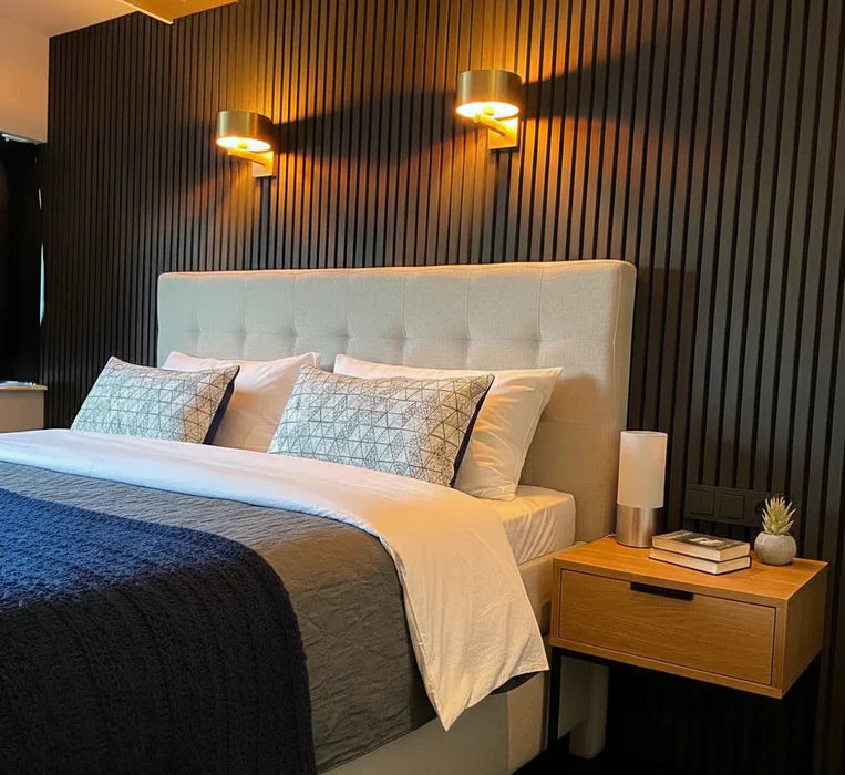 Black oak acoustic slatted wall panel easy install Prime Furnishing UK

