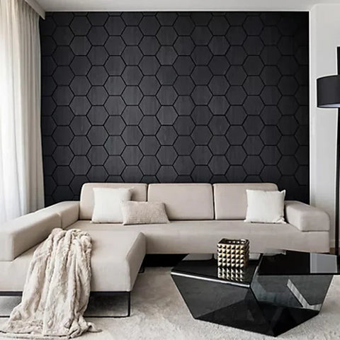 Sound-absorbing black oak acoustic hexagon panels modern décor

