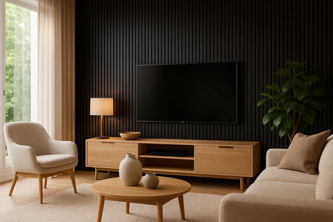 Modern black slatted wall panel feature wall UK

