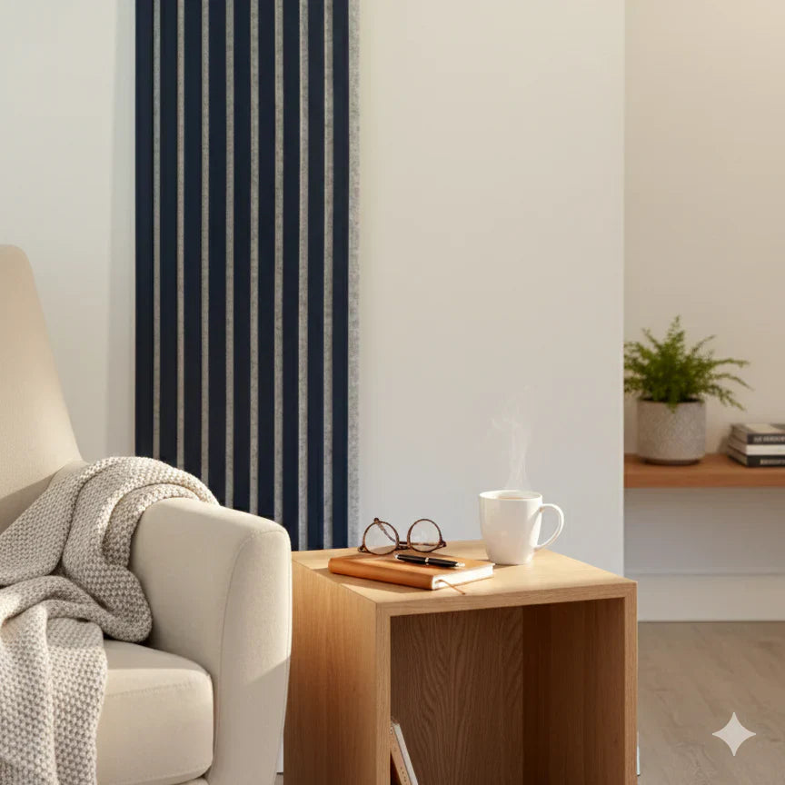 Modern blue acoustic slat panel feature wall UK décor

