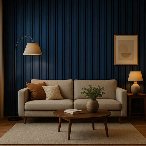 Modern blue acoustic slat wall panel room décor UK


