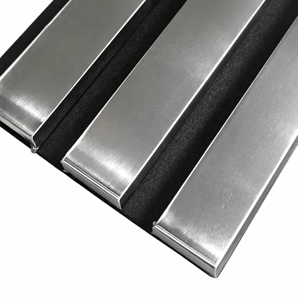 Chrome acoustic feature wall panels with felt backing for modern interior

