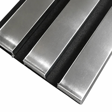 Chrome acoustic feature wall panels with felt backing for modern interior

