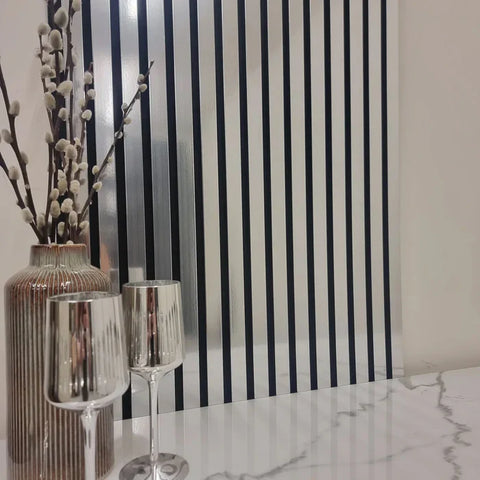Contemporary chrome acoustic slat panel room décor UK

