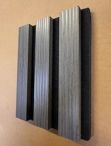 Modern dark grey slatted acoustic wall panel feature wall

