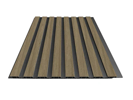 Dark oak WPC slatted wall panels with premium wood-effect finish for modern interior feature walls.