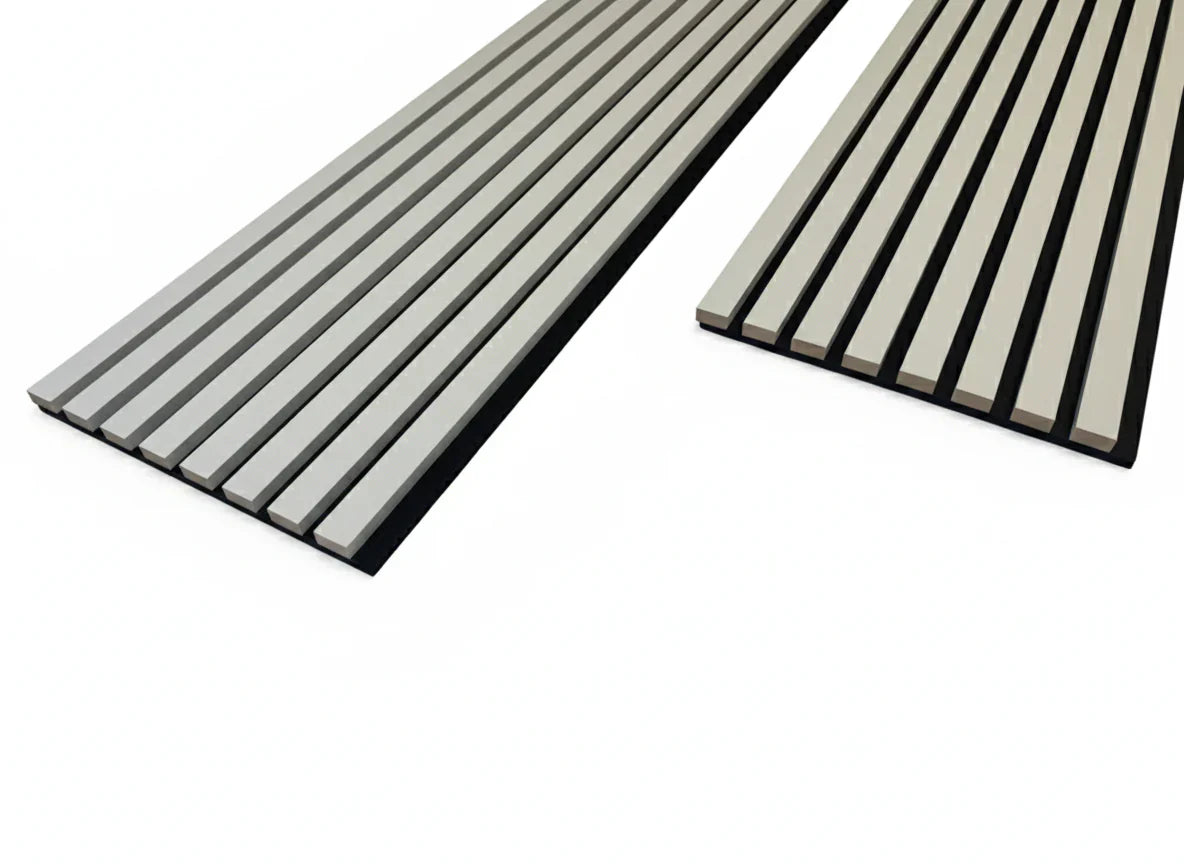 Dove grey acoustic 3-sided slat wall panels 240x32 cm UK interior

