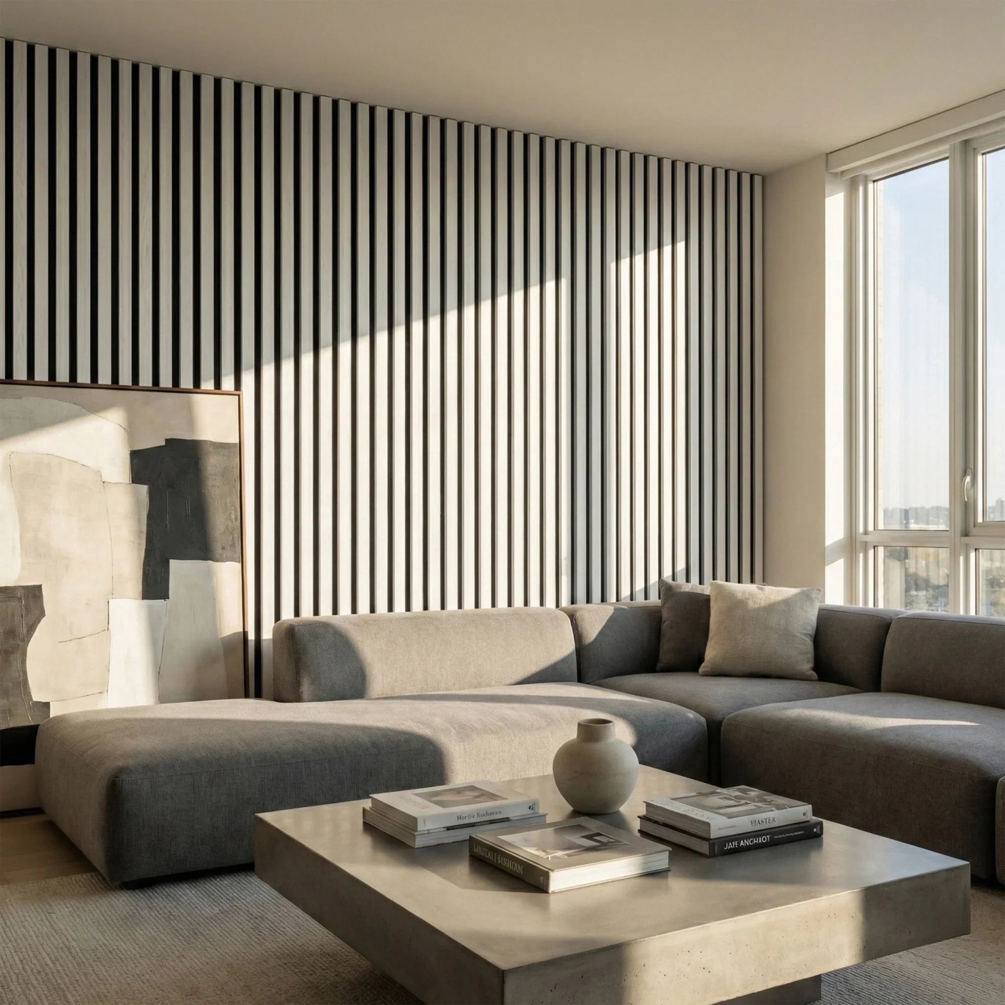 Contemporary dovegrey acoustic feature wall panels UK


