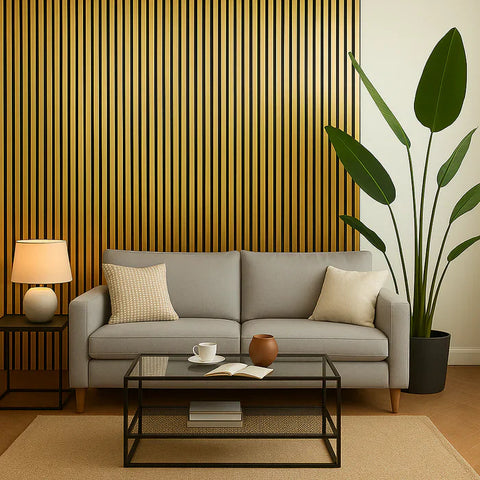 Contemporary gold acoustic slatted wall panel décor

