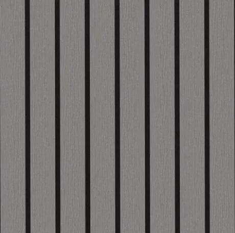 Wide slat grey oak wood veneer acoustic wall panels 240x30cm UK interior

