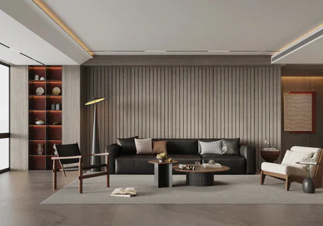 Modern grey wood-effect seamless wall panels made from WPC for stylish UK homes and commercial interiors