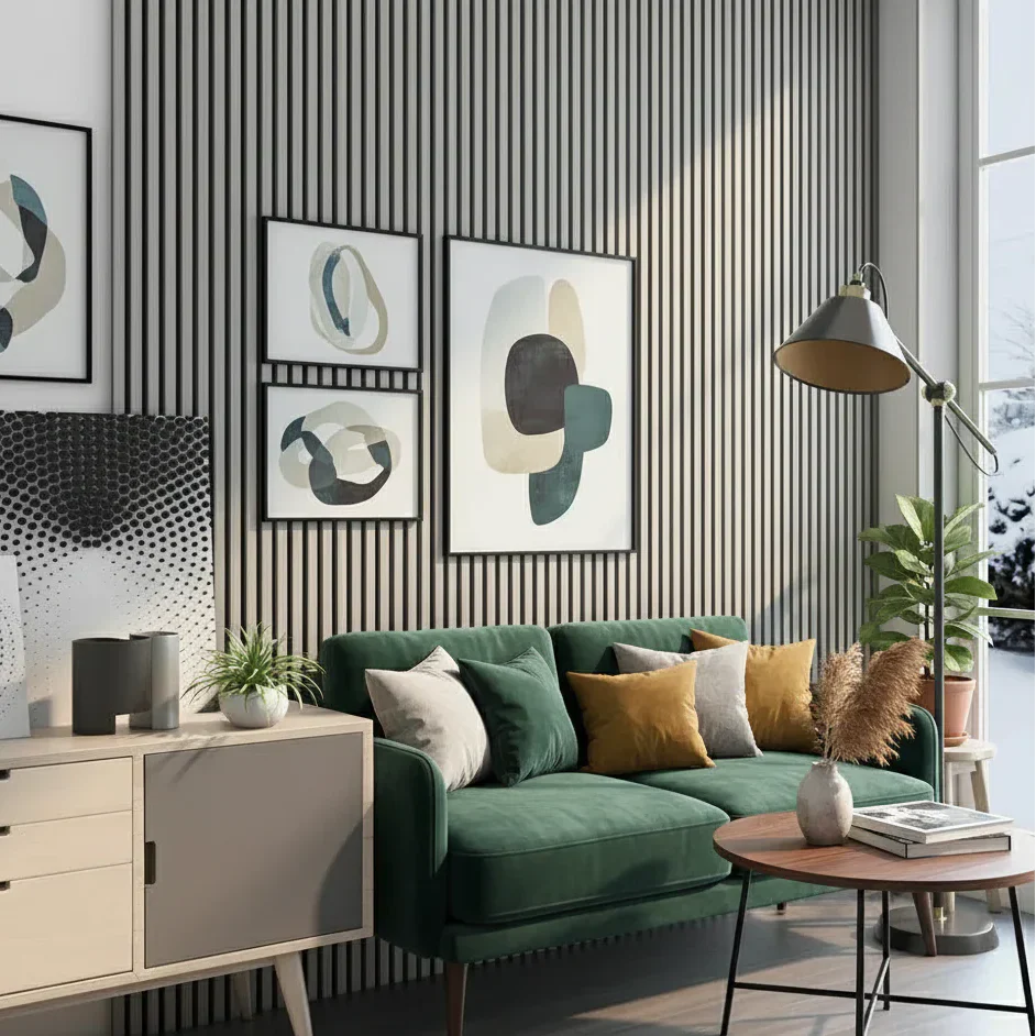 Contemporary grey acoustic slatted wall panel interior décor

