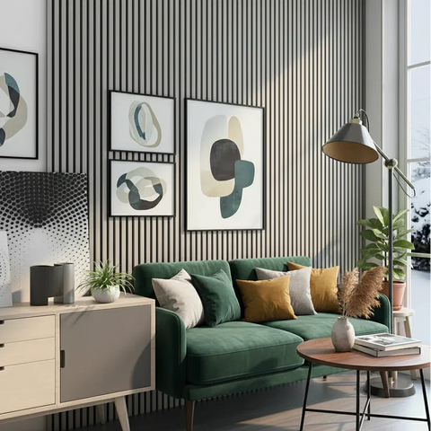 Contemporary grey acoustic slatted wall panel interior décor


