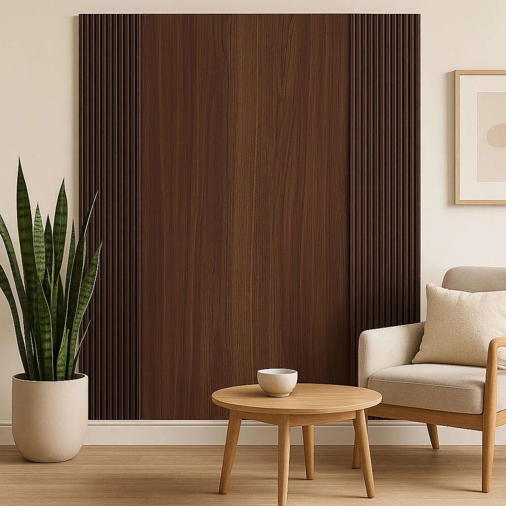 Walnut wood-effect WPC wave wall panels with decorative curved design and seamless interlocking installation.

