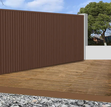 Textured dark brown composite wall panel for exterior fencing and cladding.

