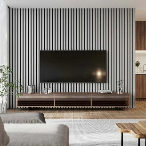 Modern light grey vertical slatted acoustic panel


