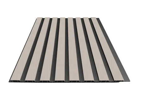 Light grey WPC slatted wall panels with premium wood-effect design for modern interior feature walls.
