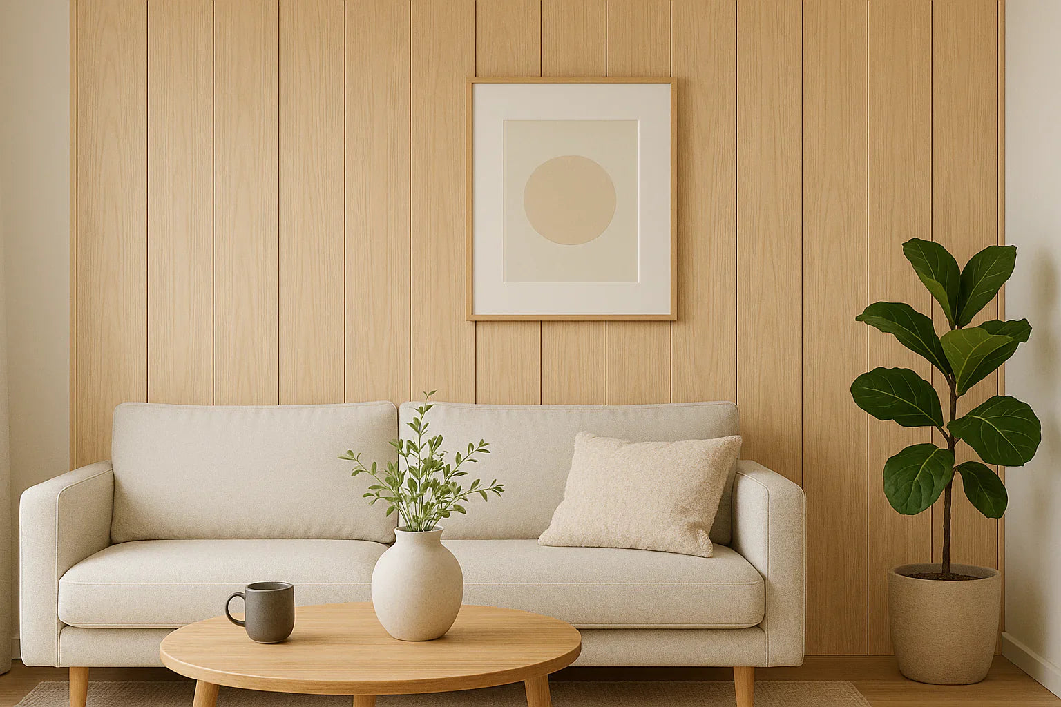 Light oak wood-effect flat wall cladding panels made from durable WPC with seamless interlocking design


