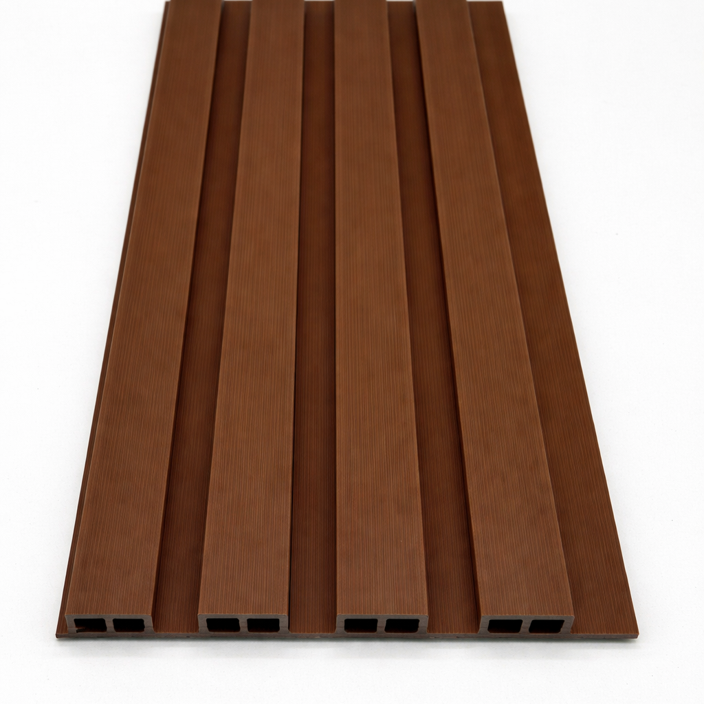 Light brown  WPC outdoor wall cladding panels installed on modern garden wall

