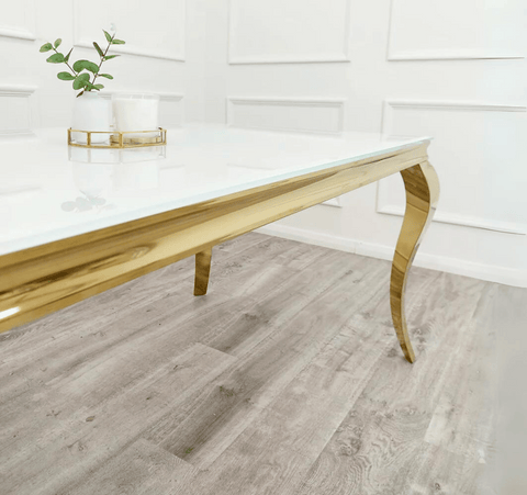 White Glass Louis Gold with Bentley Gold Cream Chairs SOLID FURNITURE