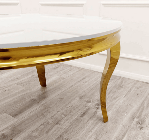 Louis Gold Round White Marble Dining Table with Cream Velvet Chairs