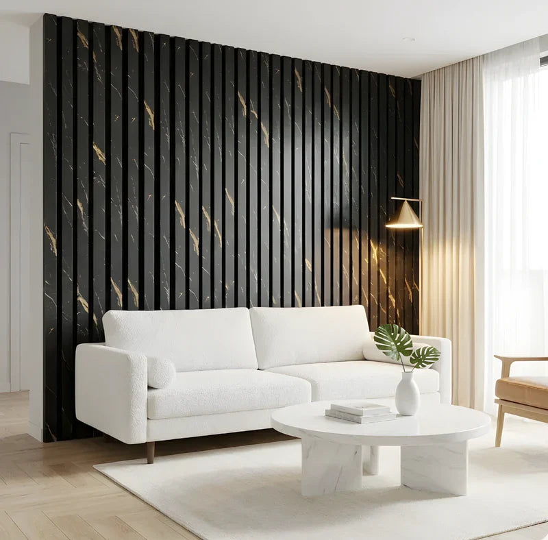 Marble gold & black acoustic slatted wall panels 240x60cm UK

