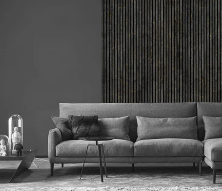 Black and gold acoustic slatted wall panel with sound-absorbing backing

