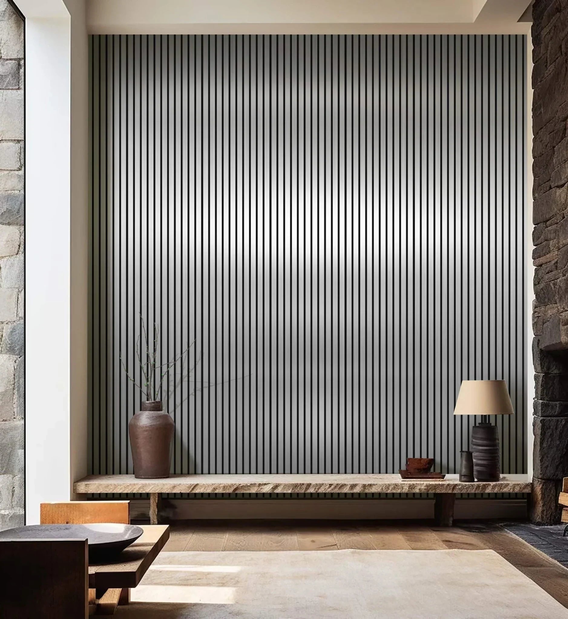 Dark grey acoustic slatted wall panel with felt backing

